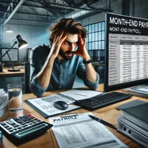 Person sitting at a work computer in an office, looking panicked while urgently managing month-end payroll, emphasizing the need for business cheques ASAP to meet deadlines and ensure timely payments.