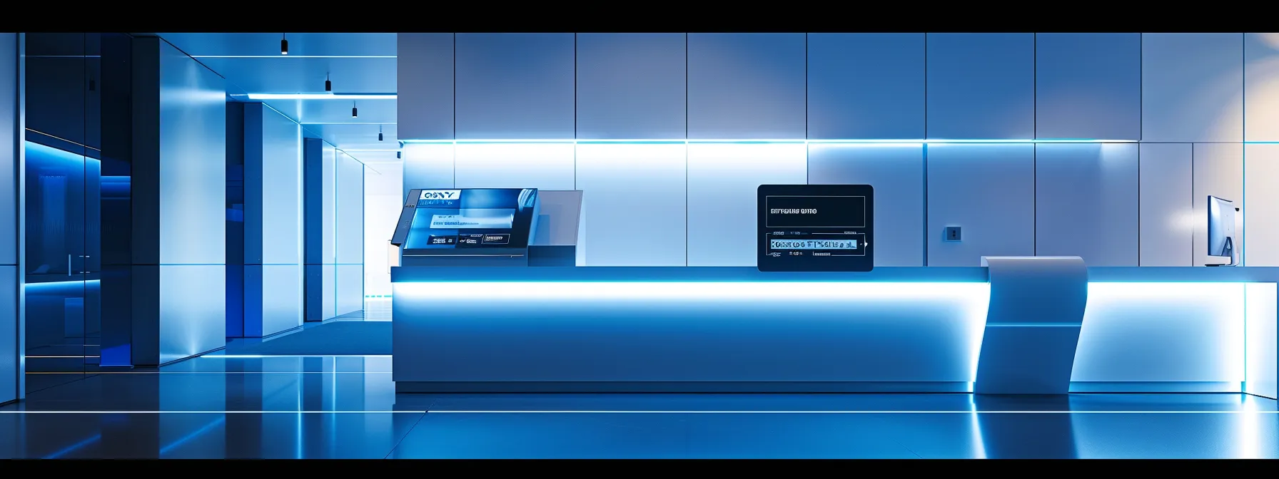 a futuristic bank setting showcases a sleek electronic cheque display, illuminated by ambient lighting, emphasizing the cutting-edge technology and enhanced security features designed to protect financial transactions in a modern world.