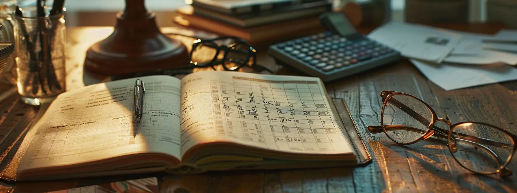 a meticulously organized workspace features a stack of business and personal cheques alongside an open notebook filled with detailed notes on communication with the bank, illuminated by soft, natural lighting to emphasize the importance of thorough documentation in financial management.