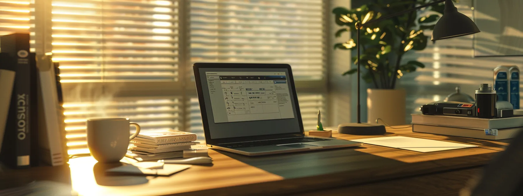 a professional office scene featuring a sleek desk adorned with organized documents, a laptop open on a financial institution's website, and a cup of coffee, all bathed in soft natural light to convey a sense of calm and focus on effective communication regarding cheque inquiries.