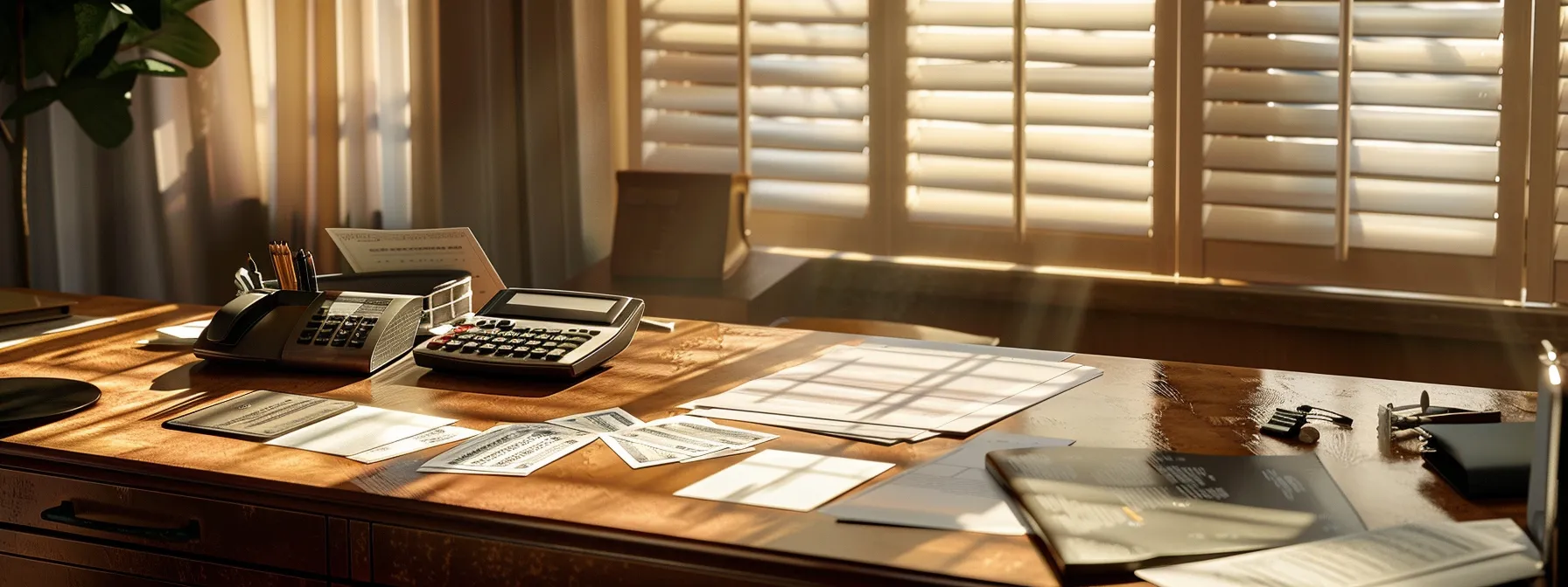 a professional office setting bathed in soft, natural light, featuring a neatly arranged desk with personalized business cheques and a calculator, symbolizing diligent financial planning and the critical assessment of long-term costs.