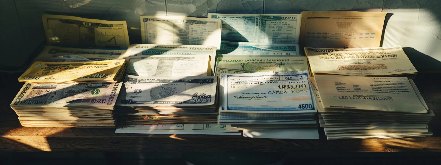 a visually compelling arrangement of various cheque types, including personal, business, and certified cheques, each showcasing their distinct security features under soft, natural lighting, highlighting the contrast in design and protective elements.