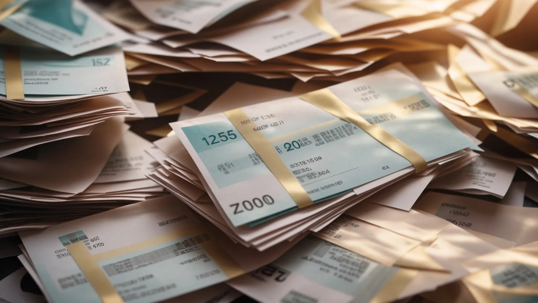 a close-up of a pile of business and personal cheques nestled among a chaotic mess of crumpled envelopes, illuminated by soft, diffused light, symbolizing the complexities and delays in cheque processing.