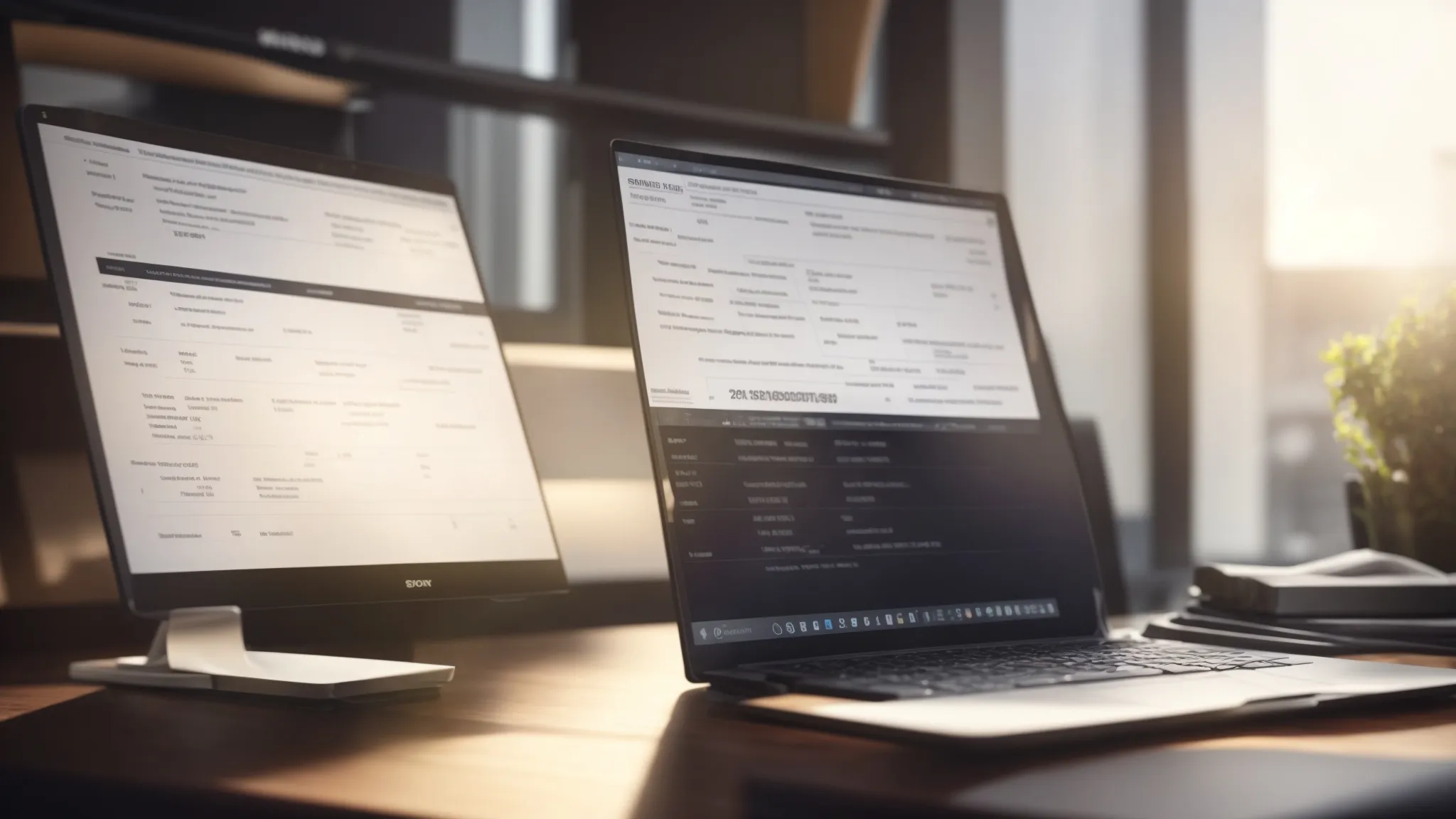 a professional workspace illuminated by soft, natural light showcases a neatly arranged stack of business cheques, alongside a sleek laptop displaying a financial analysis dashboard, emphasizing efficiency and security in modern cheque services.