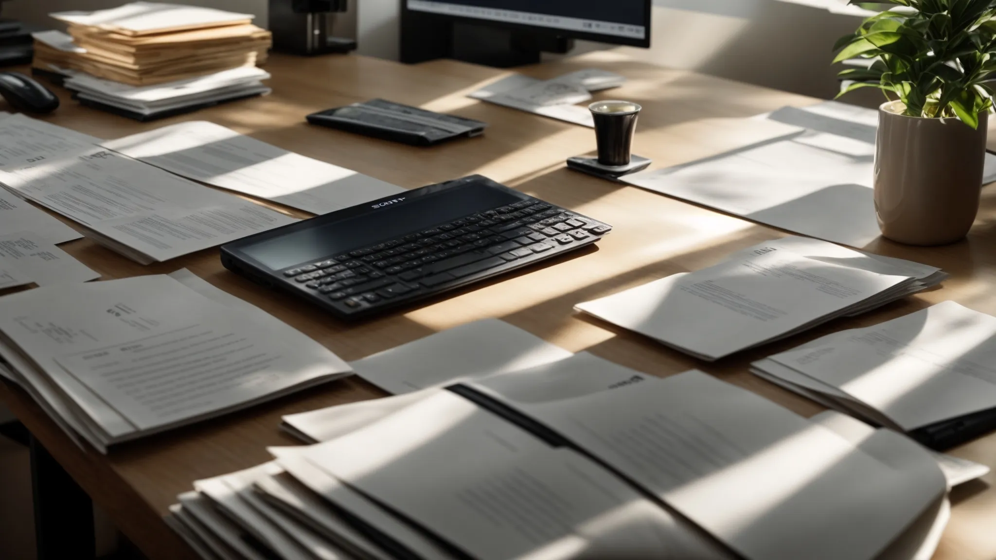 a sharp, focused image of an organized workspace featuring an elegant array of business and personal cheques, surrounded by essential financial documents, all illuminated by soft, natural light to emphasize their meticulous details and importance in financial transactions.