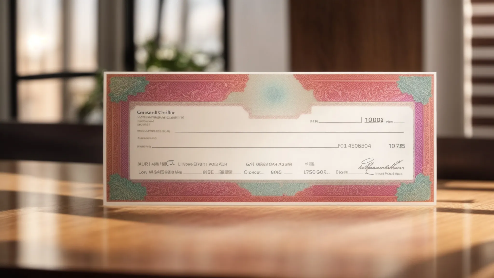 a vibrant and elegant personalized cheque design rests on a polished wooden desk, reflecting a harmonious blend of branding and creativity, illuminated by soft natural light that enhances its intricate patterns and colors.