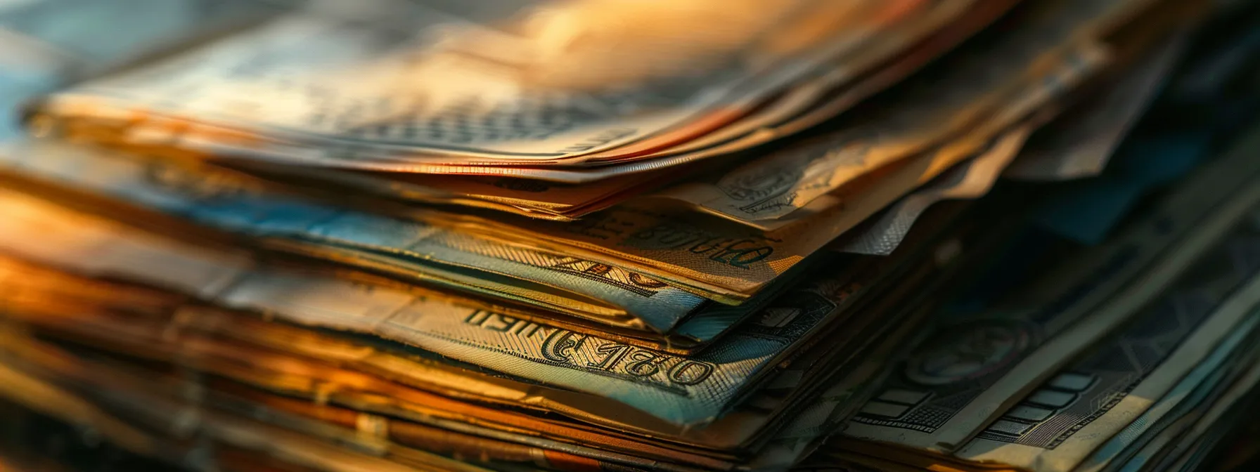 a close-up shot of an elegant stack of assorted cheques, glistening under soft, ambient light, showcasing the intricate designs and textures that highlight their financial significance.