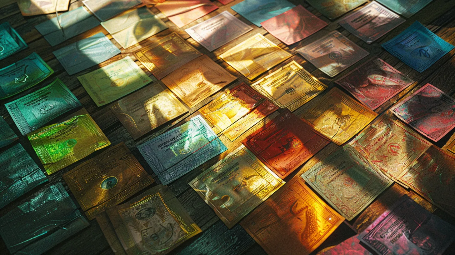 a meticulously arranged display of colorful business and personal cheques elegantly laid out on a polished wooden surface, illuminated by soft, natural light to highlight their intricate designs.