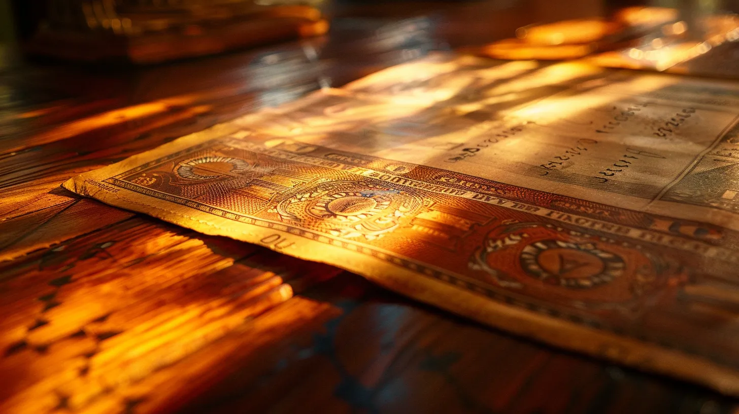 a vibrant close-up of an elegantly detailed personal cheque resting on a polished wooden desk, illuminated by soft, natural light that enhances its intricate patterns and textures, conveying a sense of trust and professionalism.