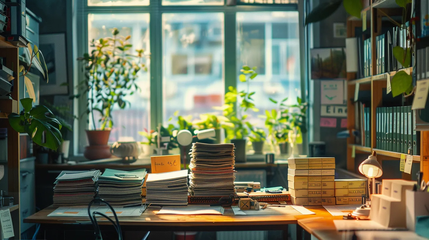 a vibrant, organized workspace filled with neatly stacked business and personal cheques, illuminated by soft natural light filtering through a window, creating a sense of professionalism and order.