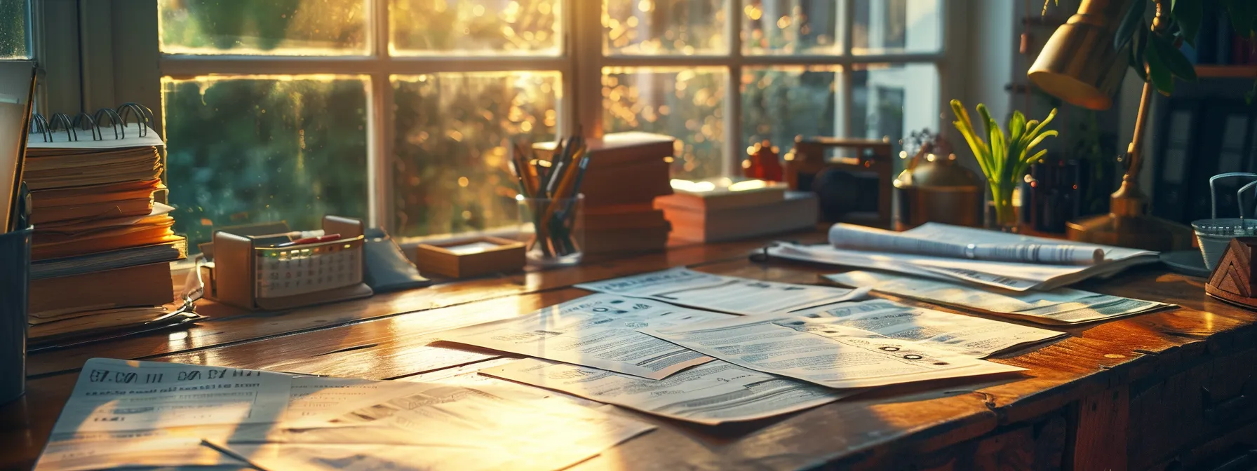 a visually striking composition of an elegantly organized workspace featuring a variety of business and personal cheques artfully arranged on a polished wooden desk, illuminated by soft, natural light filtering through a nearby window.