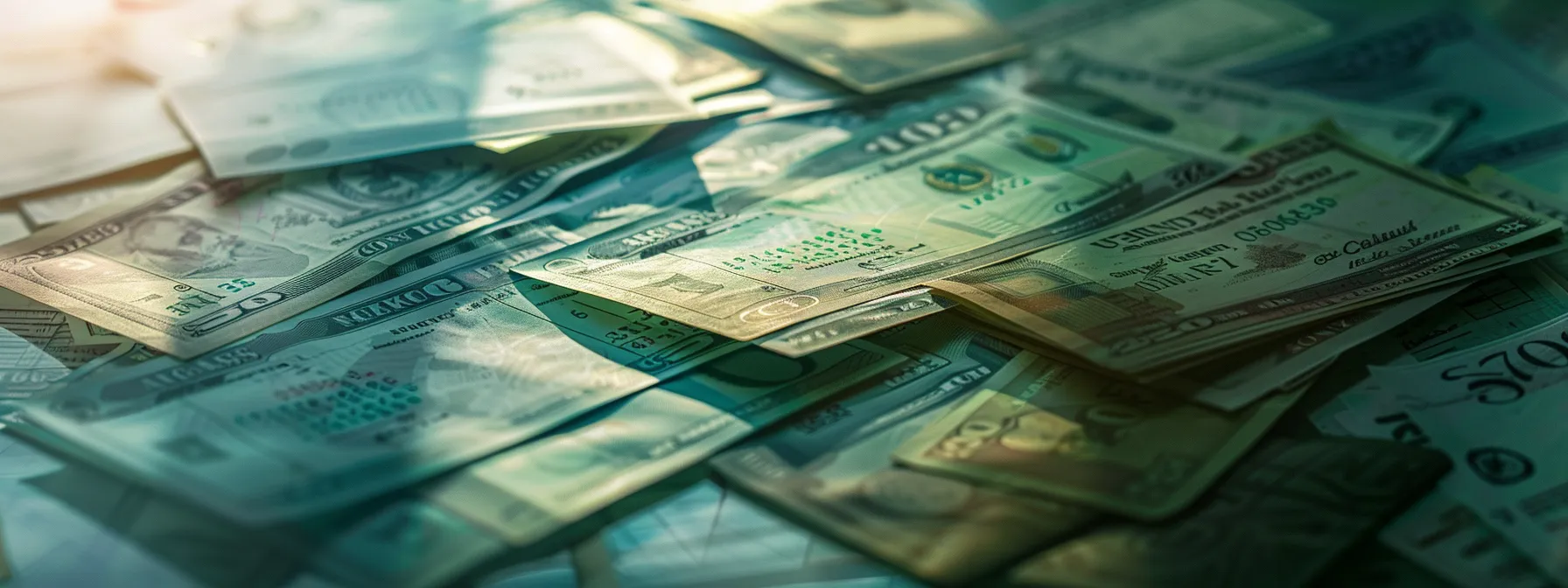 a visually striking scene of a neatly arranged array of various styles of cheques, including business and personal cheques, set against a soft-focus background that accentuates their crisp details and elegant designs.